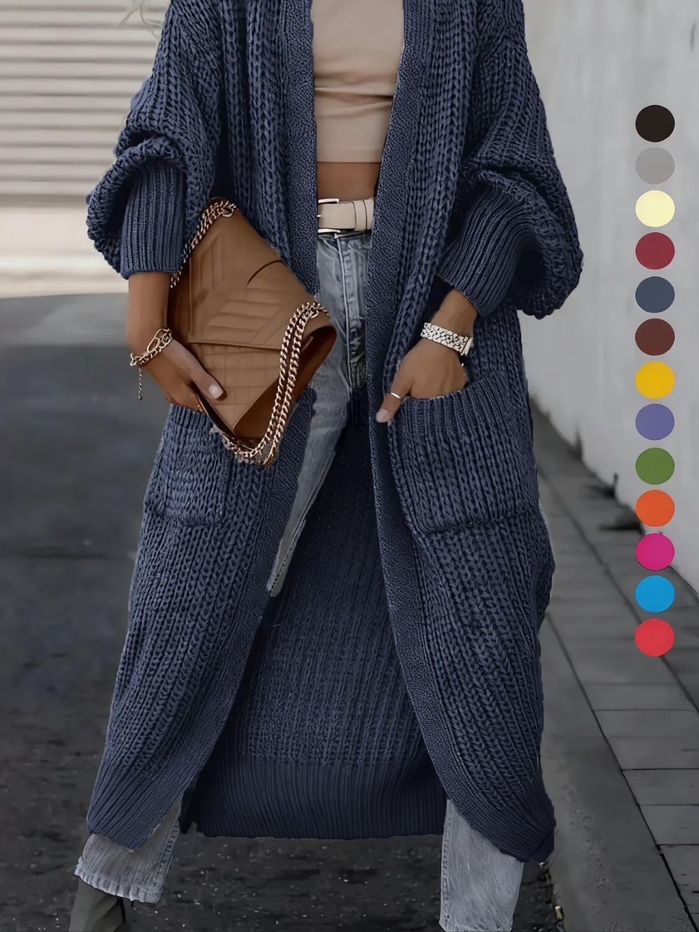 NWOT Long Open-Front Blue Knit Cardigan Sweater